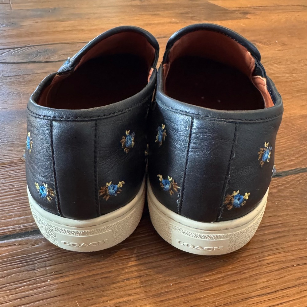 Coach Womens C1387 Black Leather Floral Embroidered Slip On Sneakers Size 10.5 - Picture 5 of 9